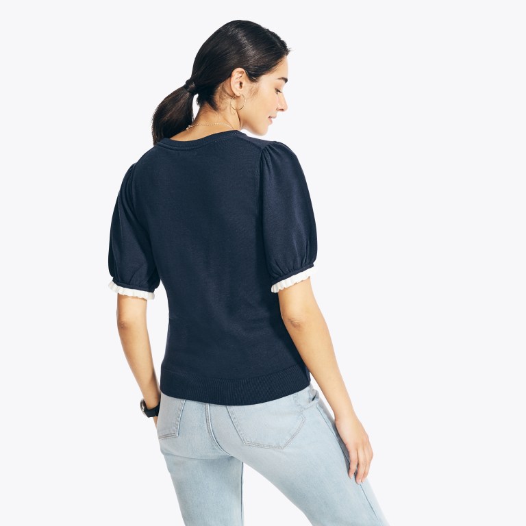 Women's Nautica Sustainably Crafted Ruffle Sweaters Blue | fGmxI7Ga