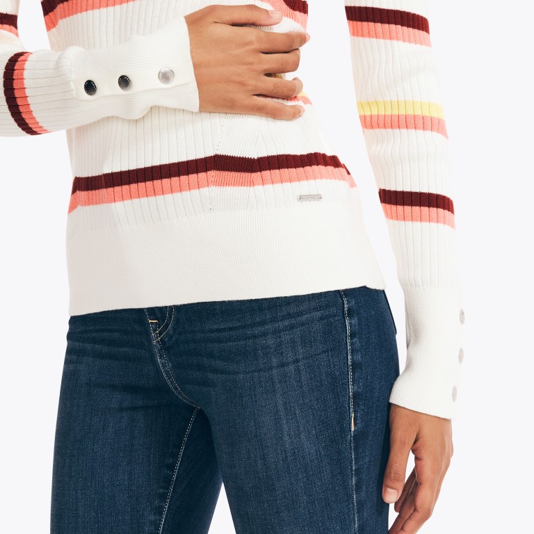 Women's Nautica Sustainably Crafted Striped Rib-knit Crewneck Sweaters White | MzylYJzj