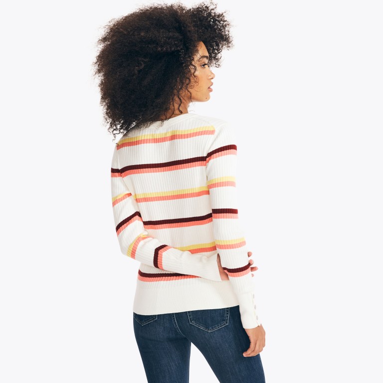 Women's Nautica Sustainably Crafted Striped Rib-knit Crewneck Sweaters White | MzylYJzj