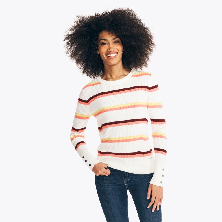 Women\'s Nautica Sustainably Crafted Striped Rib-knit Crewneck Sweaters White | MzylYJzj