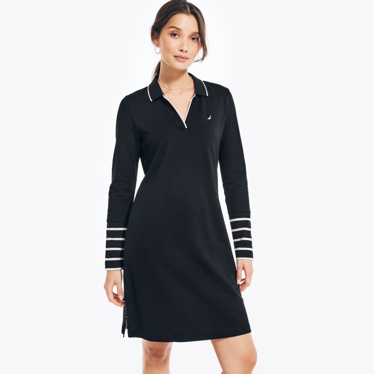 Women\'s Nautica Sustainably Crafted Striped Long-sleeve Dress Black | NcuOCvpd