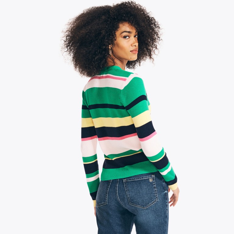 Women's Nautica Sustainably Crafted Striped Cardigan Sweaters Blue | PW8OViB2