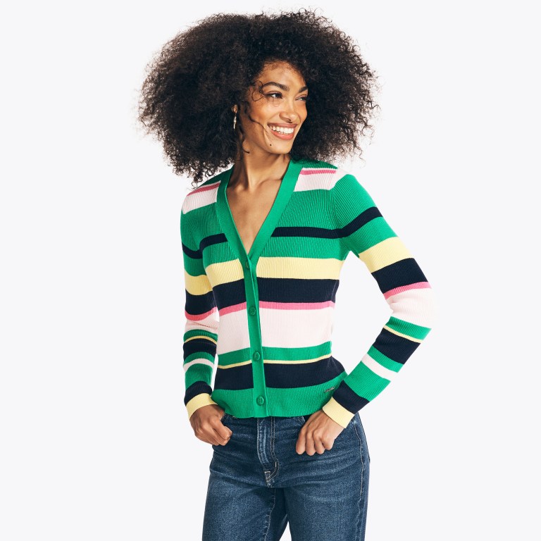 Women\'s Nautica Sustainably Crafted Striped Cardigan Sweaters Blue | PW8OViB2