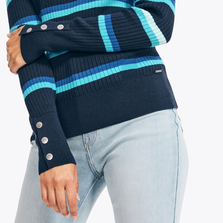 Women's Nautica Sustainably Crafted Striped Rib-knit Crewneck Sweaters Blue | hPrPGL3L