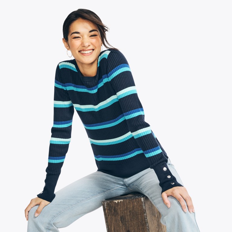 Women's Nautica Sustainably Crafted Striped Rib-knit Crewneck Sweaters Blue | hPrPGL3L