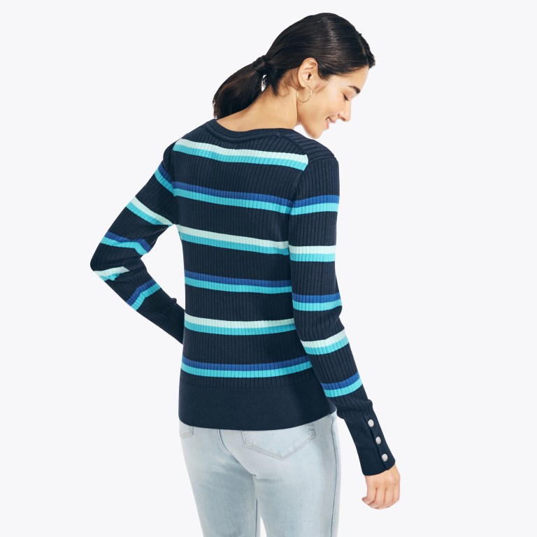 Women's Nautica Sustainably Crafted Striped Rib-knit Crewneck Sweaters Blue | hPrPGL3L