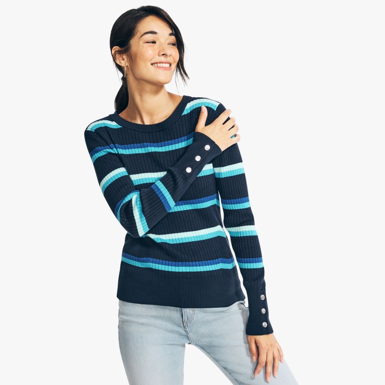 Women\'s Nautica Sustainably Crafted Striped Rib-knit Crewneck Sweaters Blue | hPrPGL3L