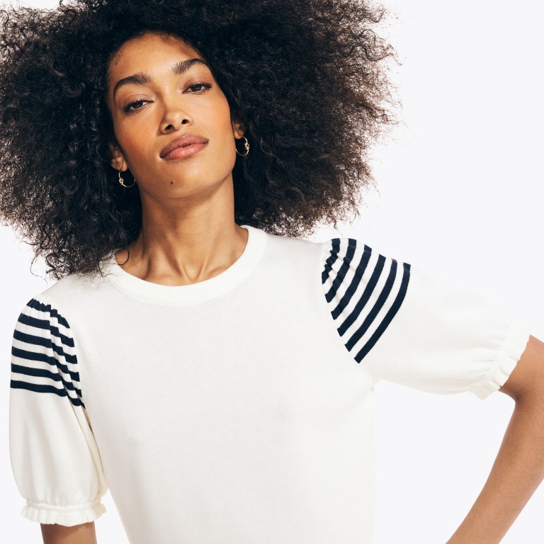 Women's Nautica Sustainably Crafted Stripe-sleeve Ruffle Sweaters White | uKv62e3P