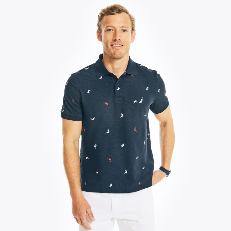 Men's Nautica Classic Fit Printed Deck Polo Shirts Navy | 8CdEpPsZ