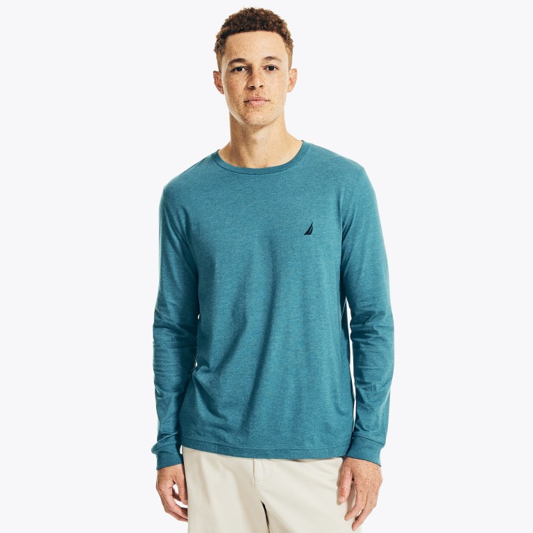 Men's Nautica Heathered Crewneck Long-sleeve T Shirts Blue | 8tNXDvxi