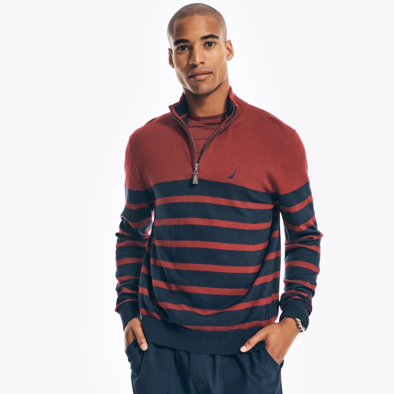 Men's Nautica Navtech Striped Quarter-zip Sweaters Red | NXLFHw8p