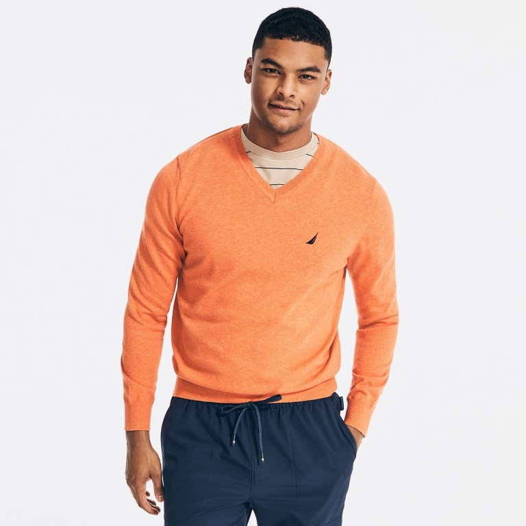 Men's Nautica Navtech V-neck Sweaters Orange | ID7QAAAJ