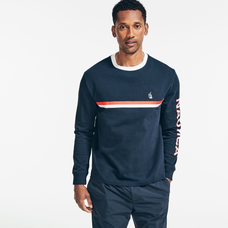 Men's Nautica Reissue Chest-stripe Long Sleeve T Shirts Navy | j0ucAKb6