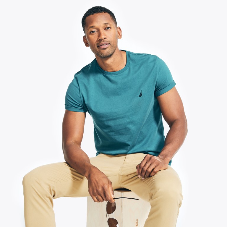 Men's Nautica Solid Crewneck T Shirts Blue | h7lOjbUD