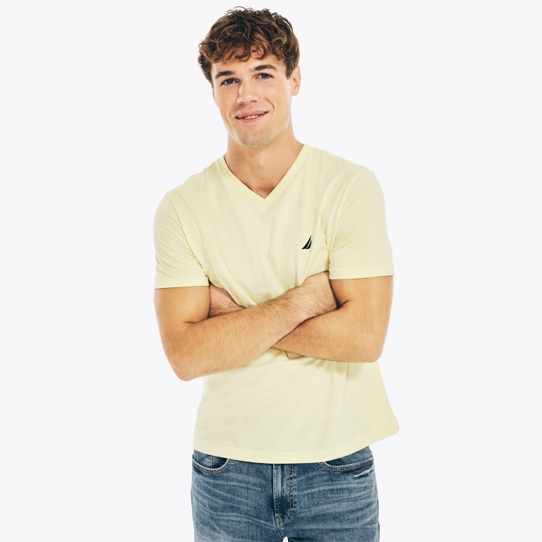 Men's Nautica Solid V-neck T Shirts Light Yellow | bhxYxlum