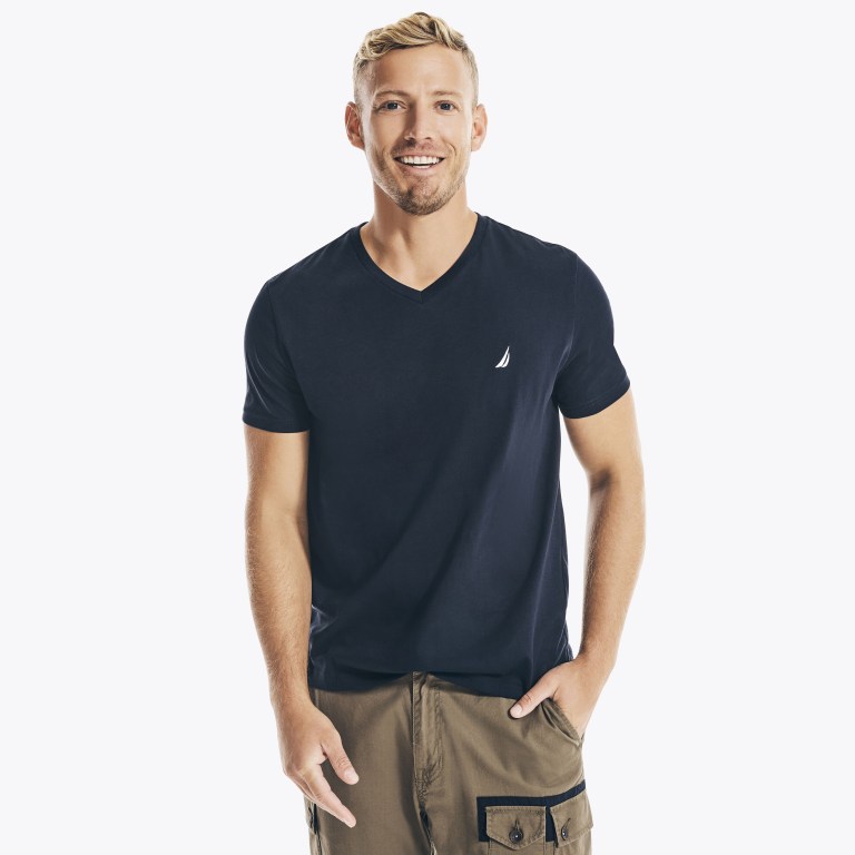 Men's Nautica Solid V-neck T Shirts Navy | LDrYMtht