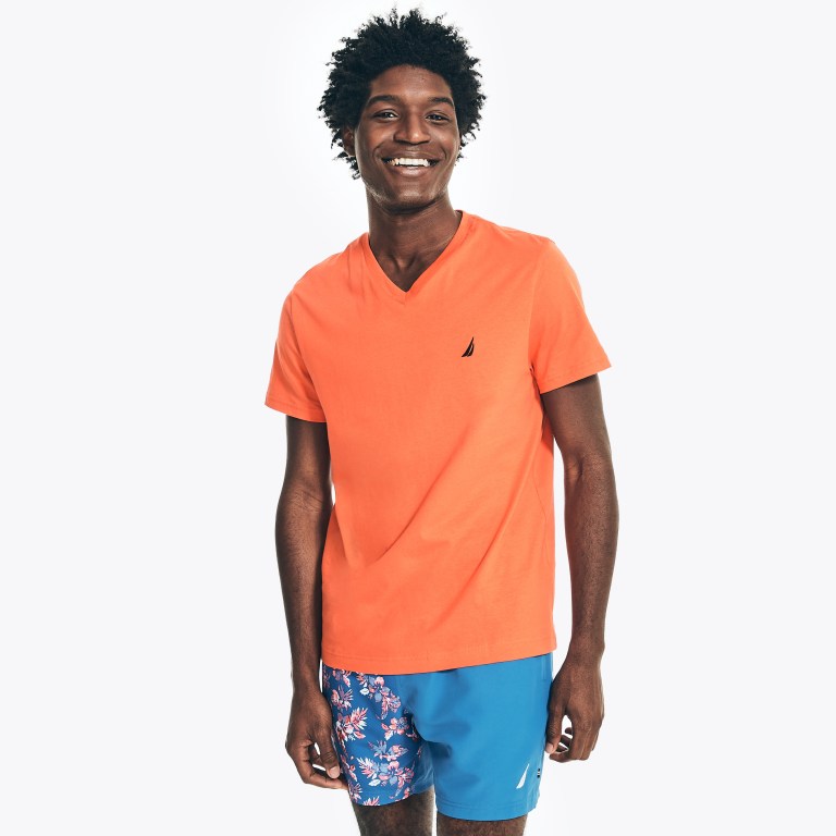 Men's Nautica Solid V-neck T Shirts Orange | sHiC6sYu