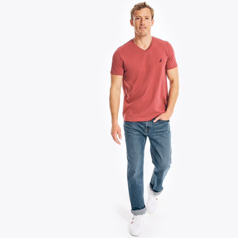 Men's Nautica Solid V-neck T Shirts Red | 8p890Gyf