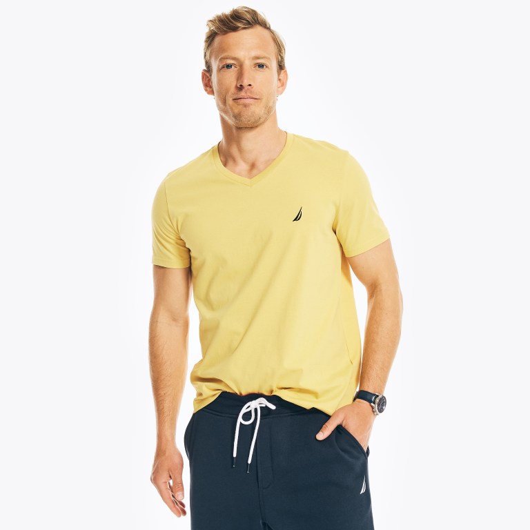 Men's Nautica Solid V-neck T Shirts Yellow | MXA35HrR