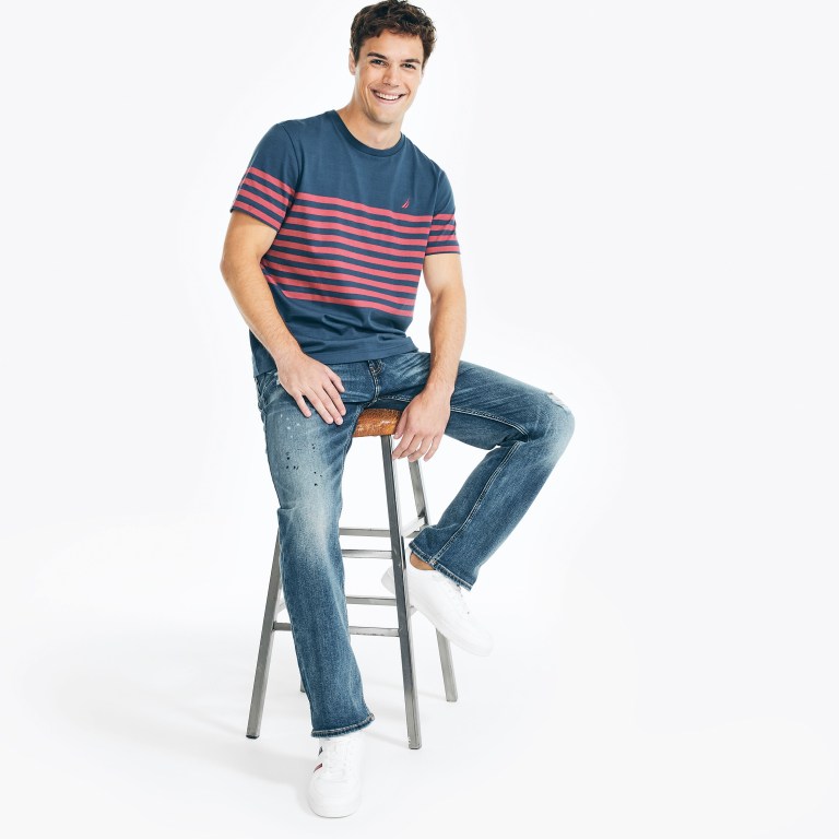 Men's Nautica Striped Crewneck T Shirts Blue | MyPfcMyw