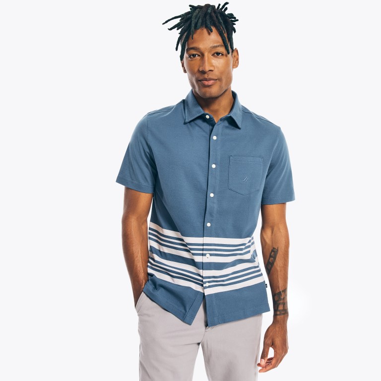 Men's Nautica Striped Harbor Shirts Dark Blue | iVA87wKN