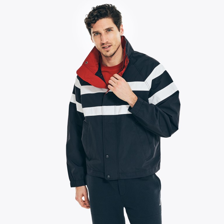 Men's Nautica Striped Rainbreaker Bomber Jackets Navy | YEiRrxCW