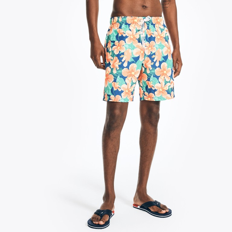 Men's Nautica Sustainably Crafted 8" Hibiscus Print Swimwear Deep Blue | U9oVFBgG