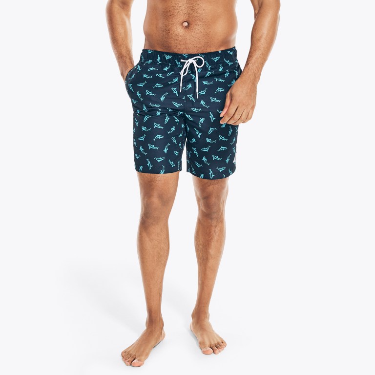 Men's Nautica Sustainably Crafted 8" Shark Print Swimwear Navy | ORX4Bulz