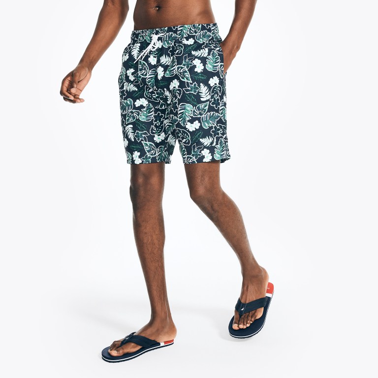 Men's Nautica Sustainably Crafted 8" Tropical Print Swimwear Navy | 1aasPXzf