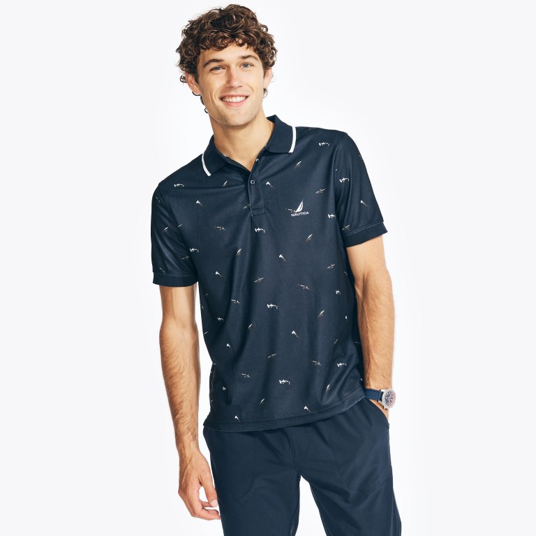 Men's Nautica Sustainably Crafted Classic Fit Shark Print Polo Shirts Navy | aiVPdjbj