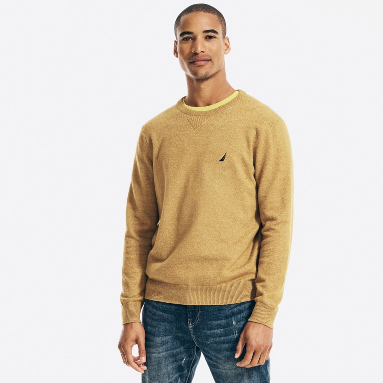 Men's Nautica Sustainably Crafted Crewneck Sweaters Brown | HWgOgOUx