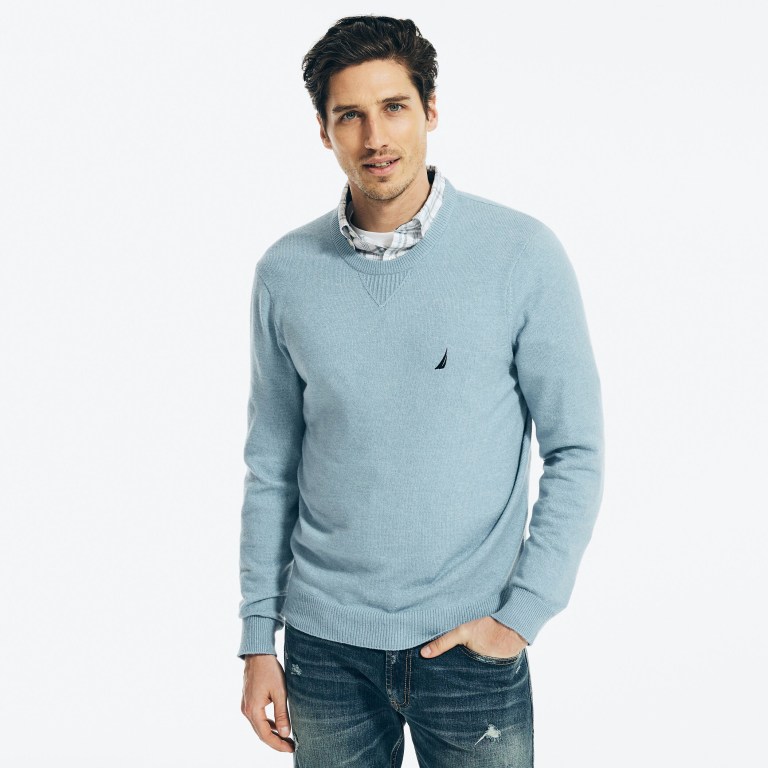 Men's Nautica Sustainably Crafted Crewneck Sweaters Blue | h70JONYH