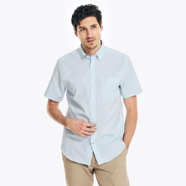 Men's Nautica Wrinkle-resistant Plaid Wear To Work -sleeve Shirts AZURE Blue | CPafEoTw