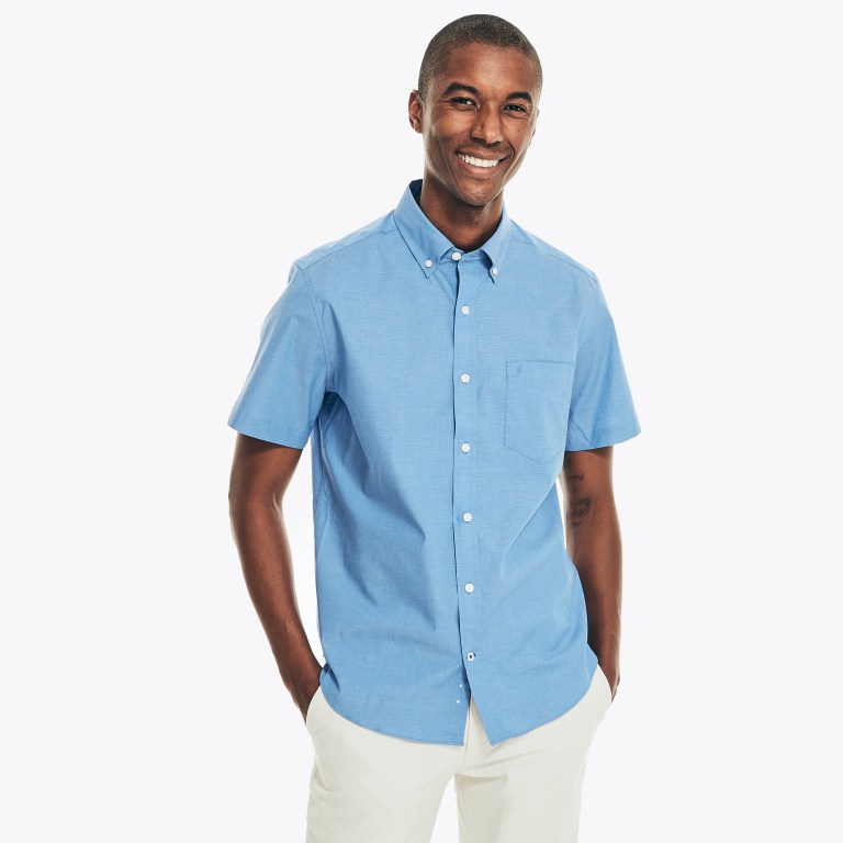 Men's Nautica Wrinkle-resistant Wear To Work -sleeve Shirts Blue | 6pqPnued