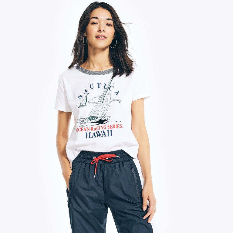 Women's Nautica Cropped Logo Graphic T Shirts White | ofV81gpw