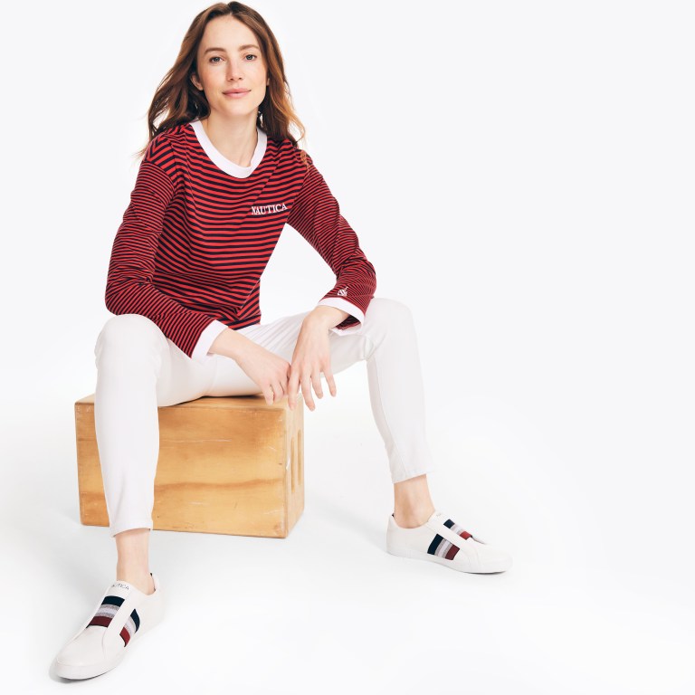 Women's Nautica Cropped Striped Long-sleeve T Shirts Red | 4HZt7NHX