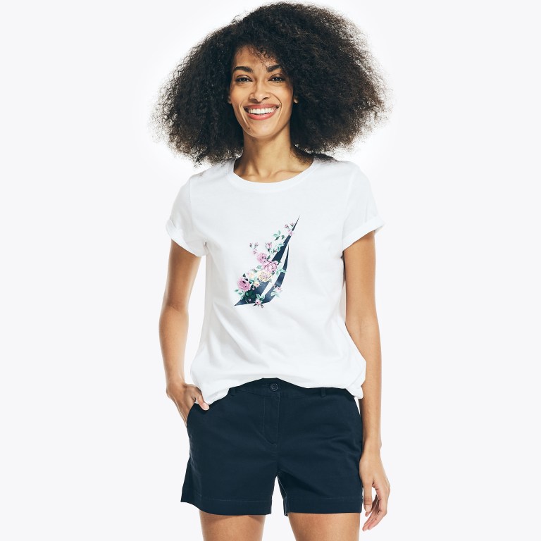 Women's Nautica Embroidered Floral J-class Graphic T Shirts White | w0uw1RWw