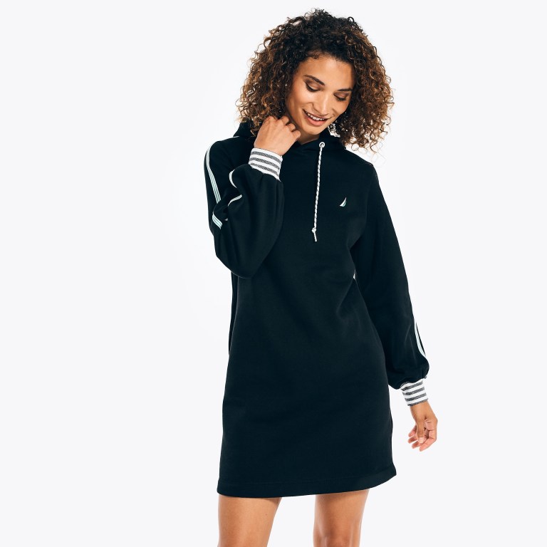 Women's Nautica Fleece Hoodie Dress Black | teGAtB27