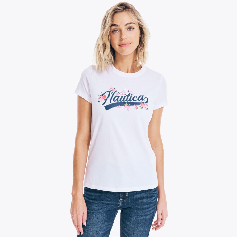 Women's Nautica Floral Logo Graphic T Shirts White | BoZP0Ocm