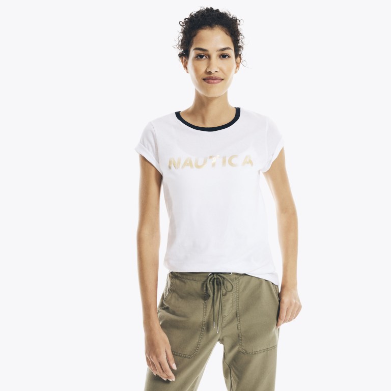 Women's Nautica Metallic Foil Logo Graphic T Shirts White | X1YZGaQL