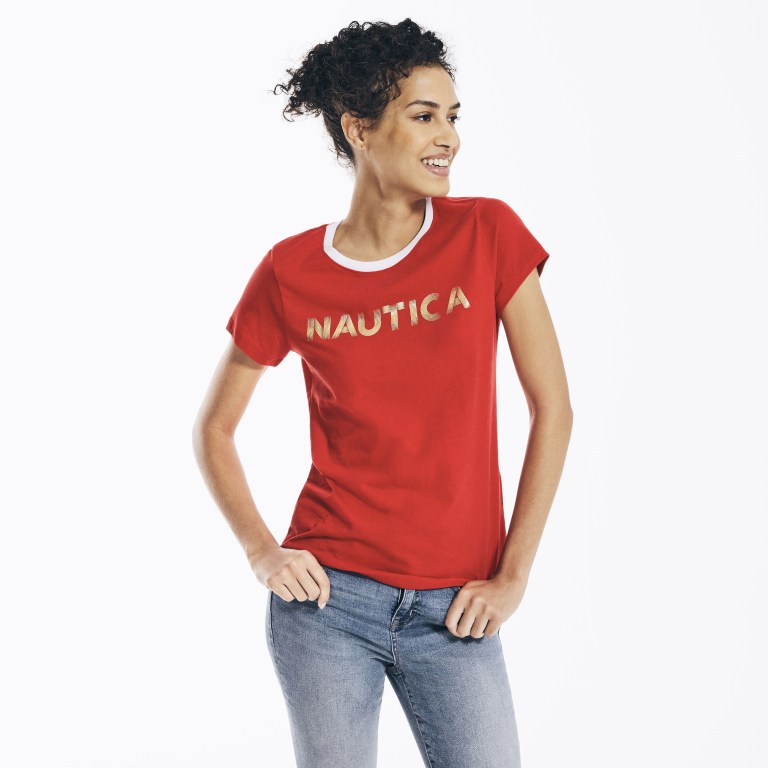 Women's Nautica Metallic Foil Logo Graphic T Shirts Red | w9a9gXWz