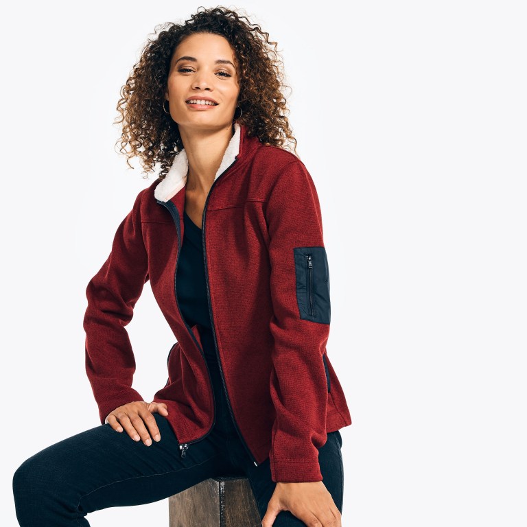 Women's Nautica Mock-neck Fleece Jackets Red | 7GNUhCdF