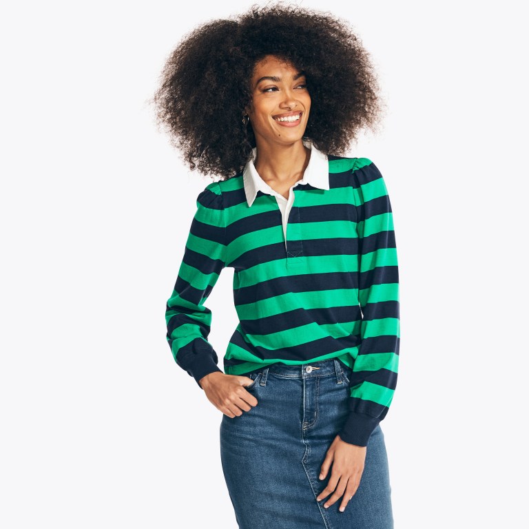 Women's Nautica Puff-sleeve Rugby Tops Blue | 41UeCDmC