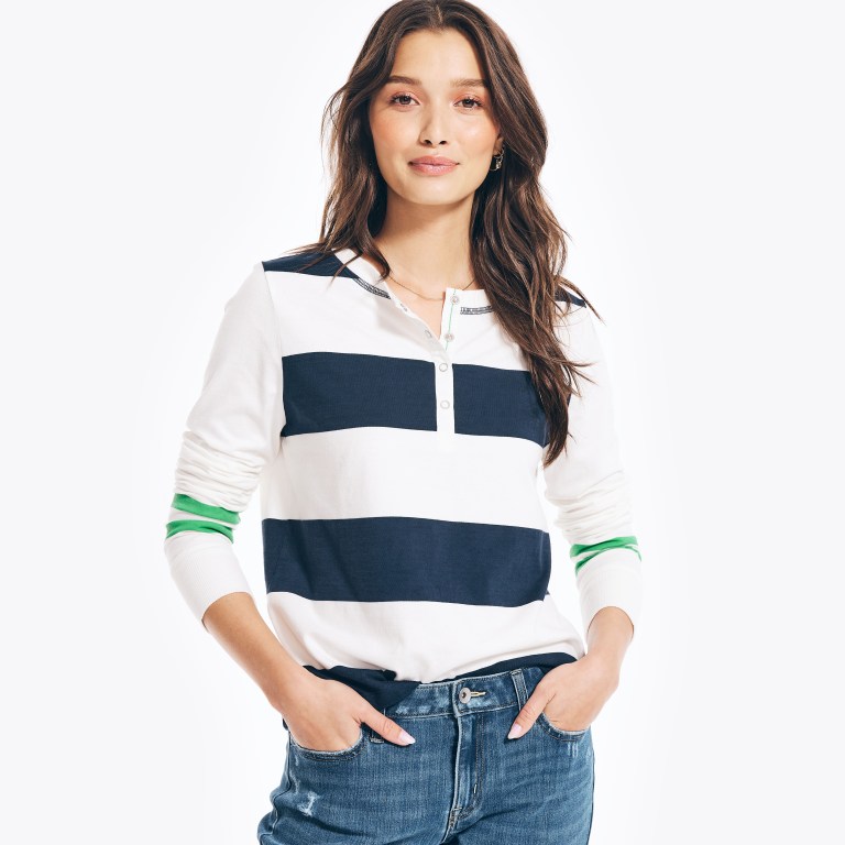 Women's Nautica Rugby Striped Henley Tops Blue | xr008aXP