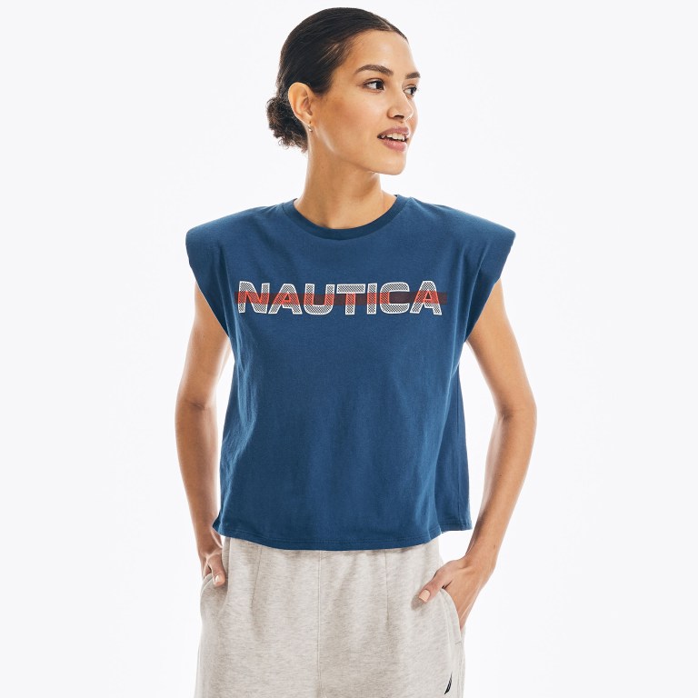 Women's Nautica Sleeveless Logo T Shirts Blue | jkVKb2eu