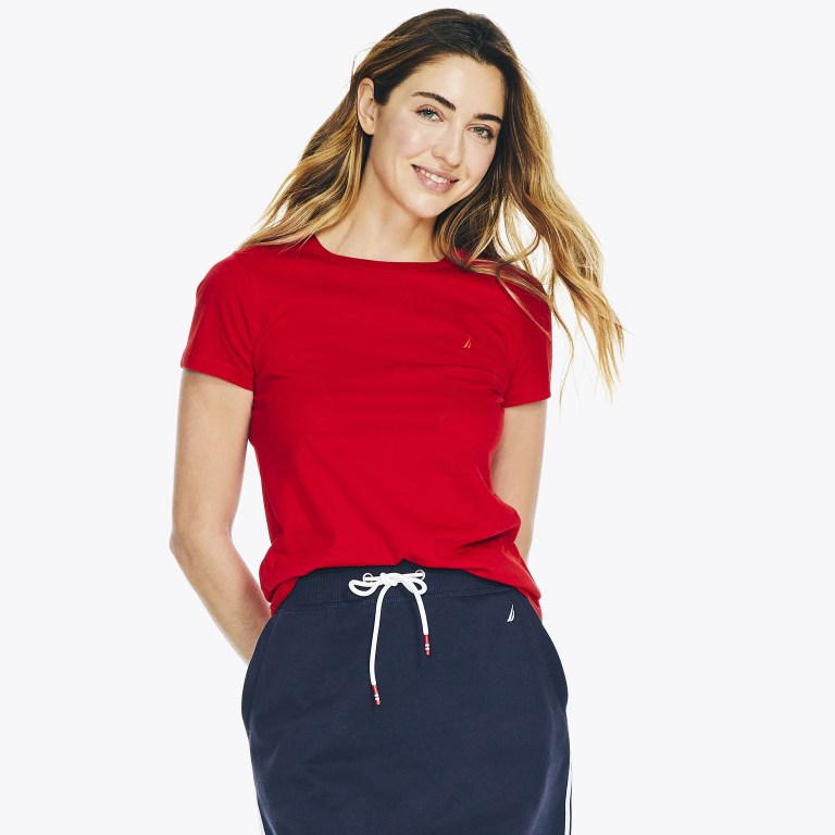 Women's Nautica Solid Crewneck T Shirts Red | 31C5omsj