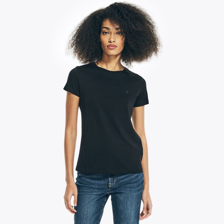 Women's Nautica Solid Crewneck T Shirts Black | HfRqfkBT