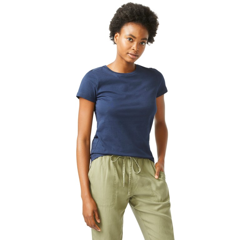 Women's Nautica Solid Crewneck T Shirts Blue | qvqvfN5Z