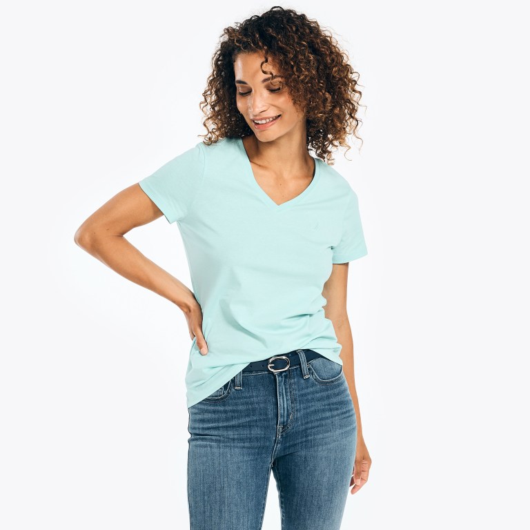 Women's Nautica Solid V-neck T Shirts Blue | ybsHSCJS