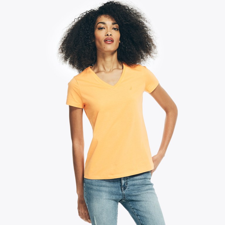 Women's Nautica Solid V-neck T Shirts Coral | S0Fm7l5C